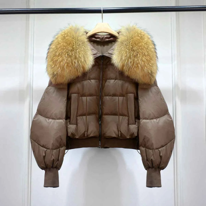 Women's Short White Duck Down Parka - Lightweight & Warm Brown 3