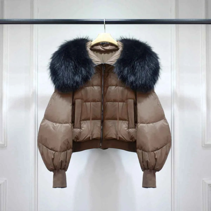 Women's Short White Duck Down Parka - Lightweight & Warm Brown 2
