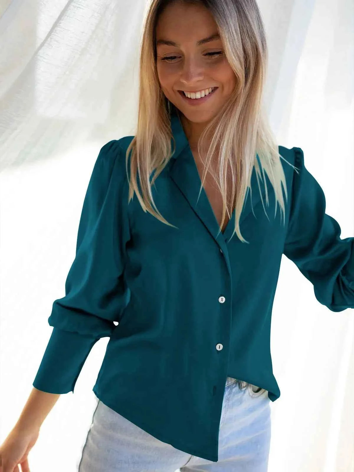 Women's Silk Blouse Relaxed Fit Button Closure White Blue Lake Blue Lake