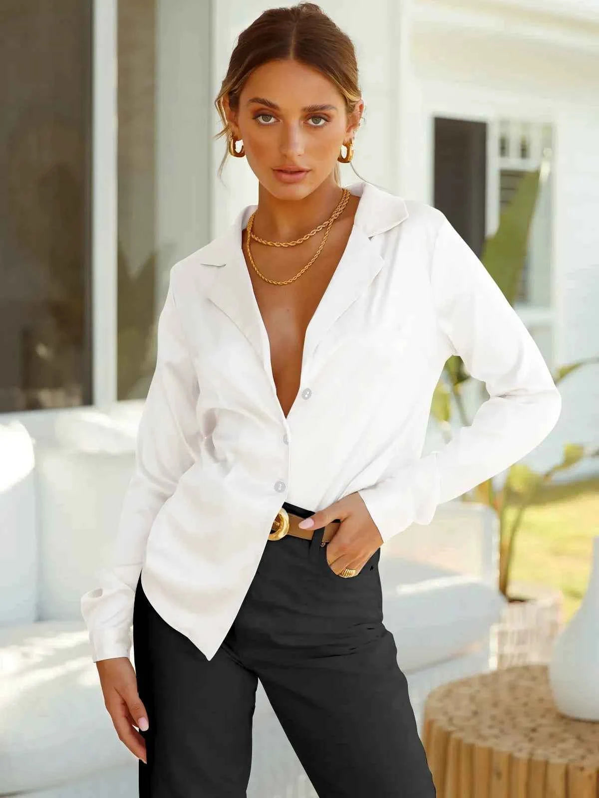 Women's Silk Blouse Relaxed Fit Button Closure White Blue Lake White