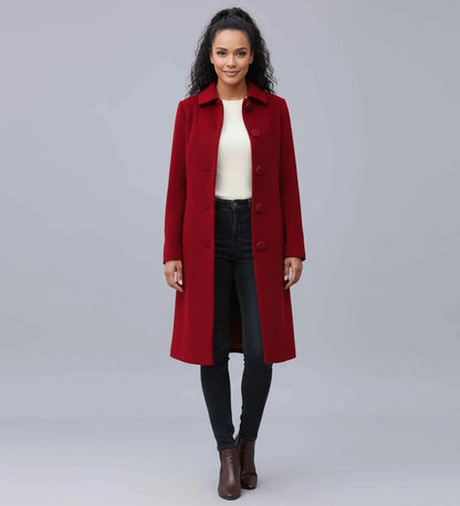 Women's Single Breasted Winter Trench Coat Dark Red Black Dark Red