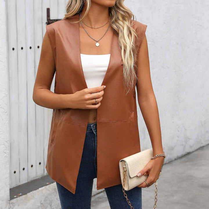 Women's Sleeveless Faux Leather Gilet – Relaxed Fit – Open Front – Hip Length Brown