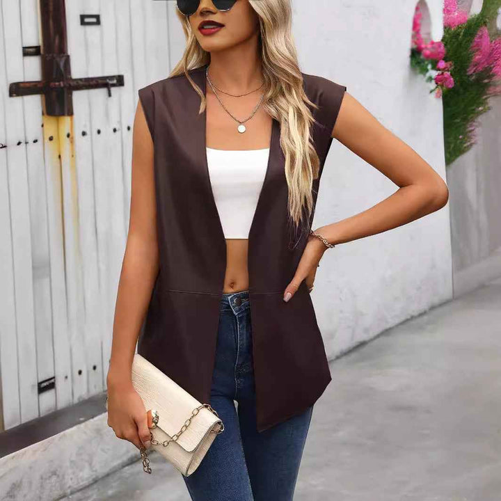 Women's Sleeveless Faux Leather Gilet – Relaxed Fit – Open Front – Hip Length Coffee