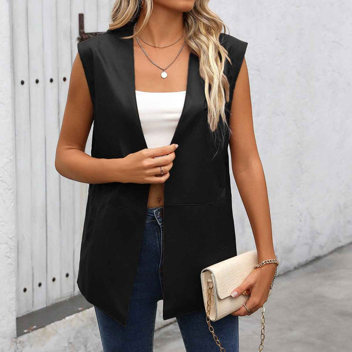 Women's Sleeveless Faux Leather Gilet – Relaxed Fit – Open Front – Hip Length Black