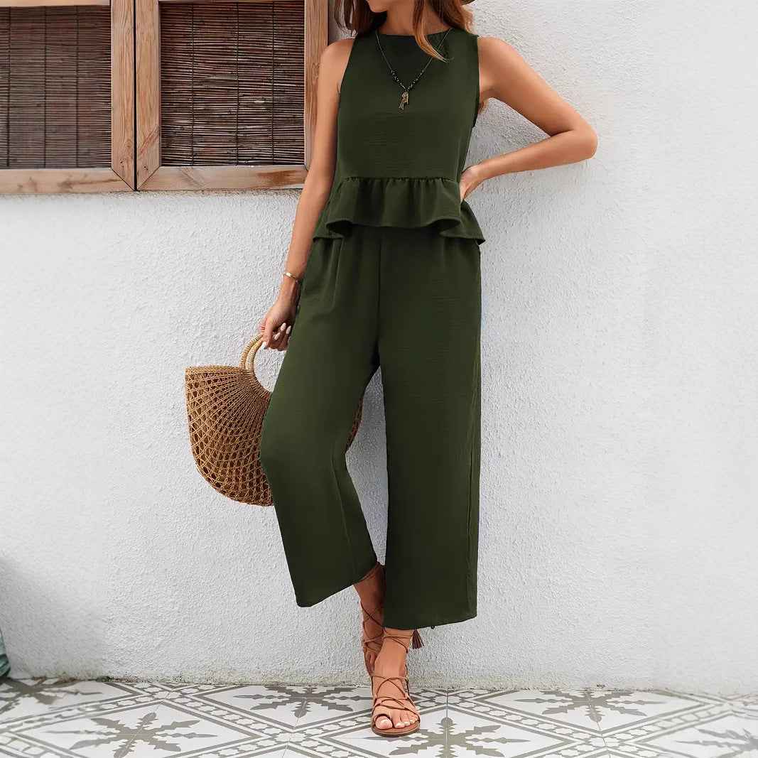 Women's Sleeveless Peplum Vest Set – High Waist Wide Leg – Breathable Comfort Olive Green