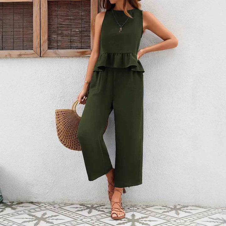 Women's Sleeveless Peplum Vest Set – High Waist Wide Leg – Breathable Comfort Olive Green