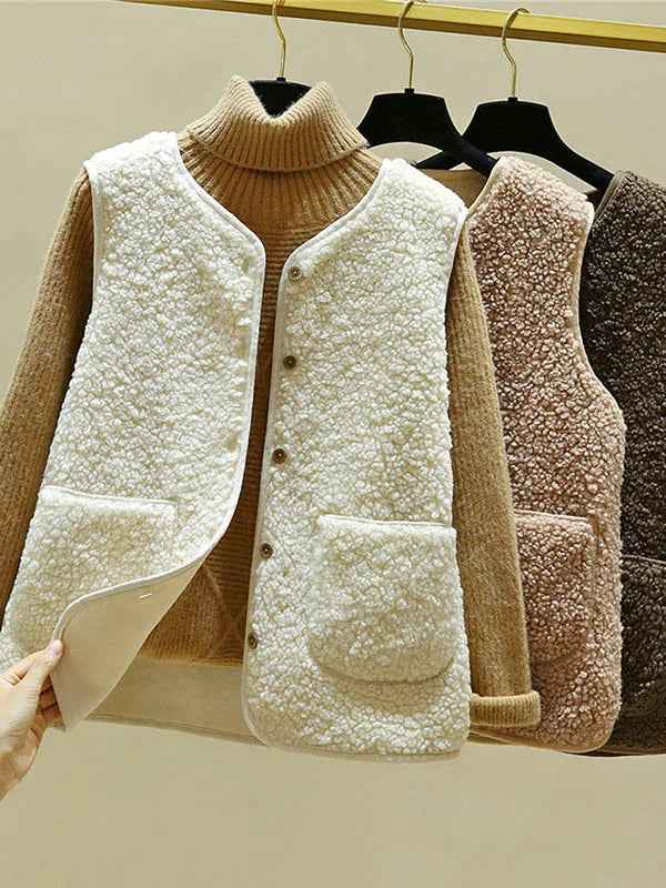 Women's Sleeveless Shearling Imitation Bodywarmer - Button Closure with Warm Lining