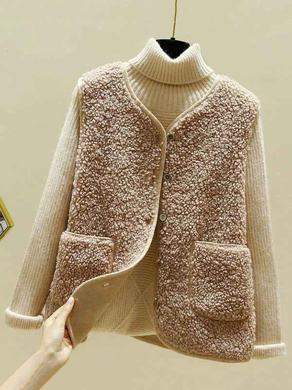 Women's Sleeveless Shearling Imitation Bodywarmer - Button Closure with Warm Lining Beige