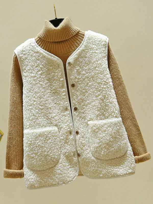 Women's Sleeveless Shearling Imitation Bodywarmer - Button Closure with Warm Lining White