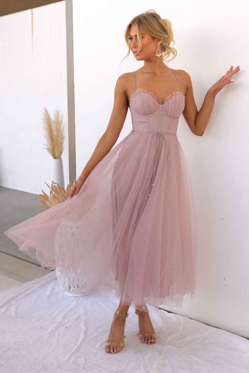 Women's Slim Fit A-Line Evening Dress – Midi Length with Mesh Overlay & Spaghetti Straps Pink