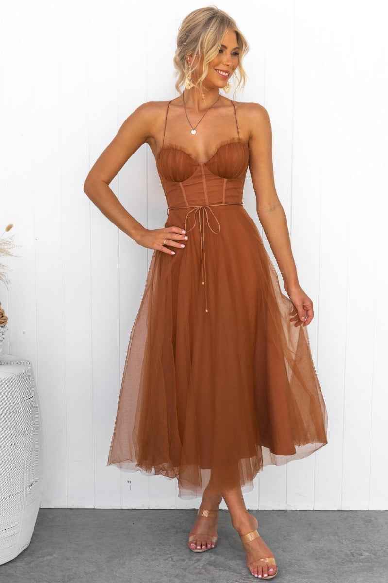 Women's Slim Fit A-Line Evening Dress – Midi Length with Mesh Overlay & Spaghetti Straps Yellow