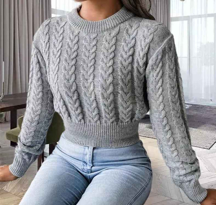 Women's Slim Fit Cable Knit Sweater – Wool Blend – Long Sleeve Grey One Size