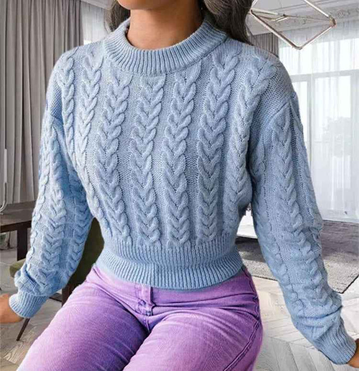 Women's Slim Fit Cable Knit Sweater – Wool Blend – Long Sleeve Sky Blue One Size