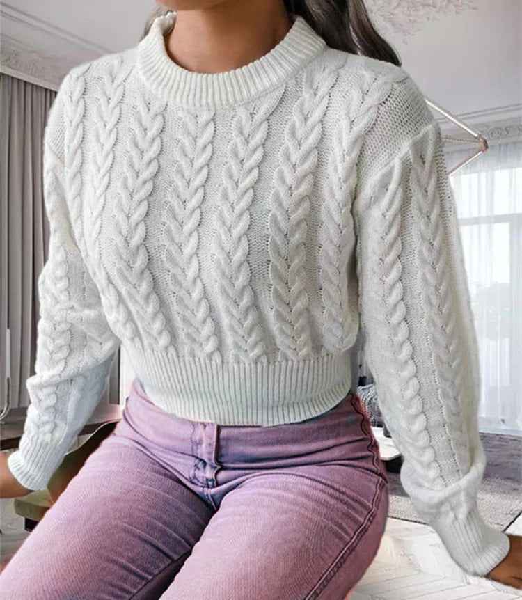 Women's Slim Fit Cable Knit Sweater – Wool Blend – Long Sleeve White One Size