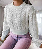 Women's Cable Knit Wool Slim Fit Long Sleeve Solid White Sweater White One Size
