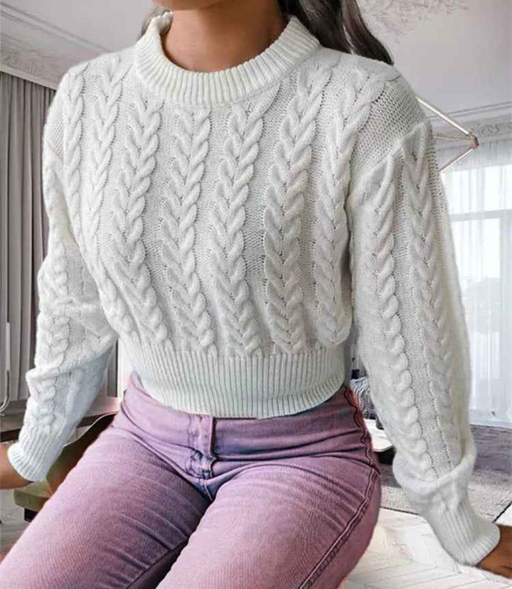 Women's Slim Fit Cable Knit Sweater – Wool Blend – Long Sleeve White One Size