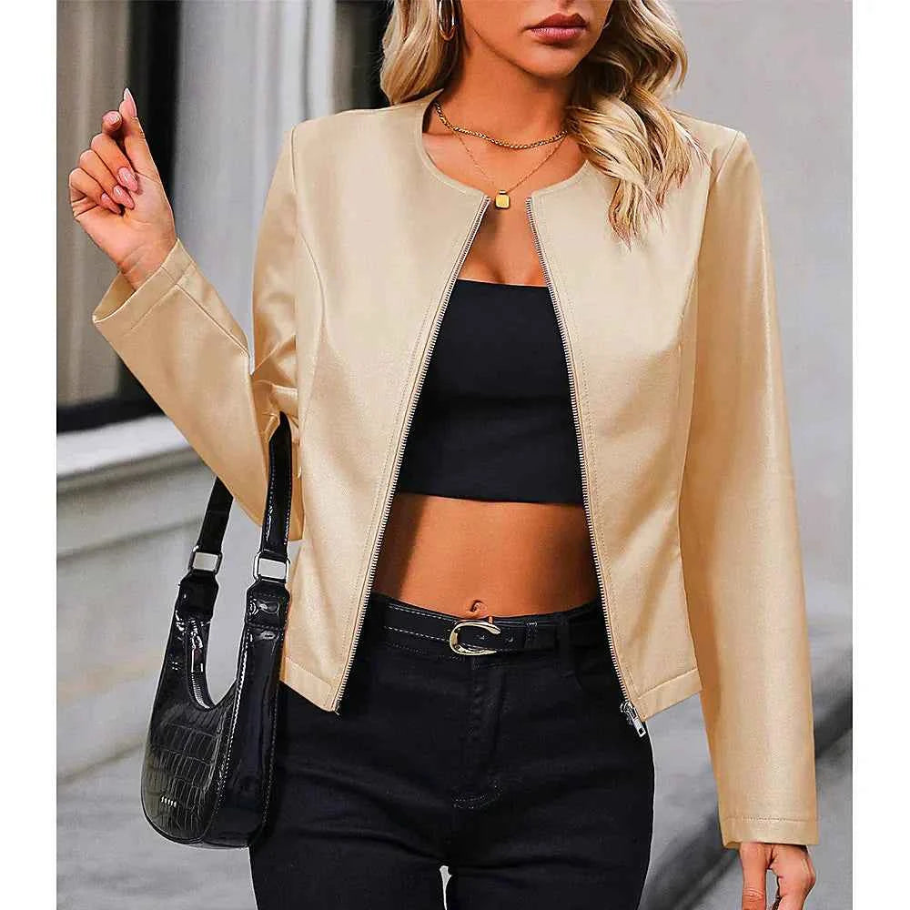 Womens Slim Fit Cropped Biker Jacket – Collarless Minimalist Style Apricot