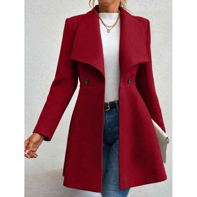 Women's Slim Fit Long Wool Coat with Lapel Design Red Black Red