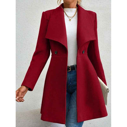 Women's Slim Fit Long Wool Coat with Lapel Design Red Black Red
