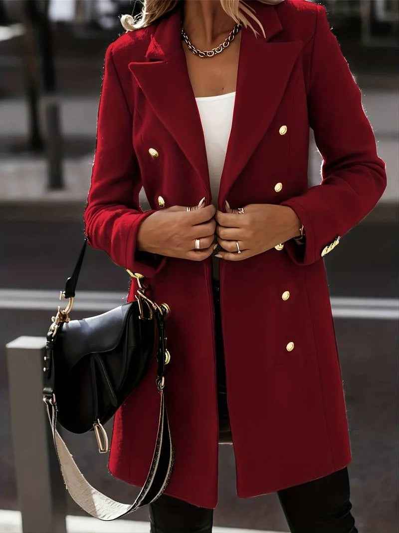 Women's Slim Fit Mid-Length Wool Coat – Double-Breasted with Tailored Lapels Red