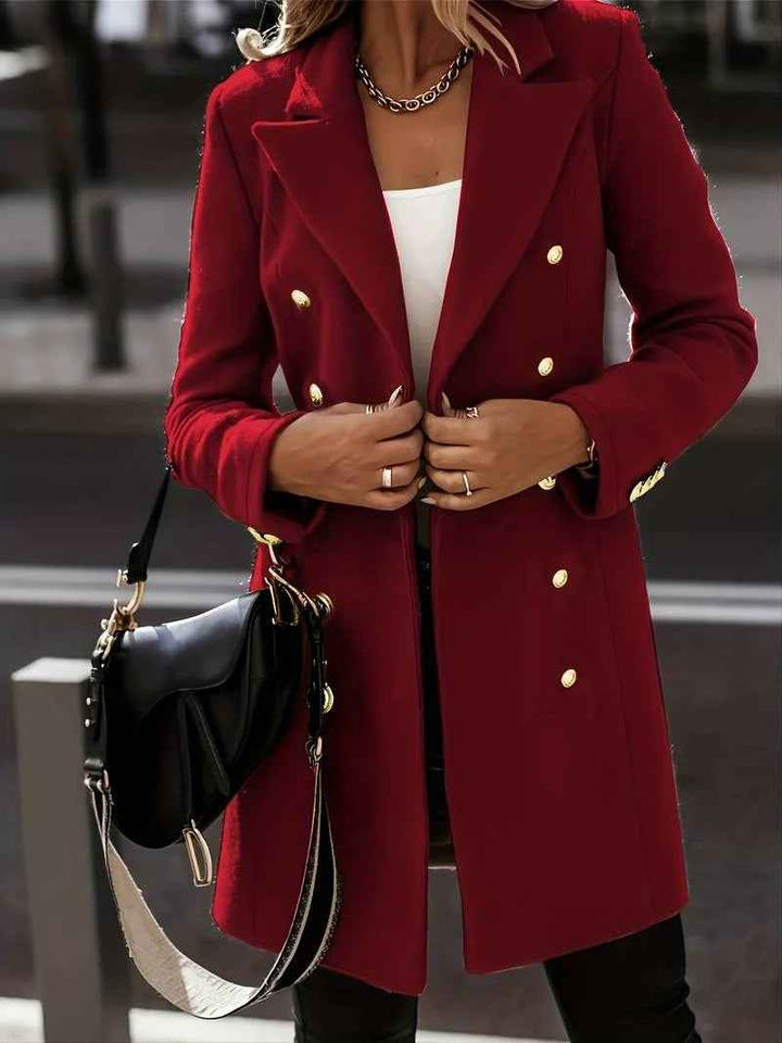 Women's Slim Fit Mid-Length Wool Coat – Double-Breasted with Tailored Lapels Red