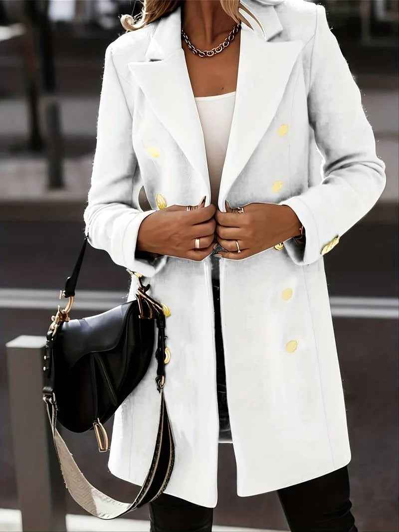 Women's Slim Fit Mid-Length Wool Coat – Double-Breasted with Tailored Lapels White