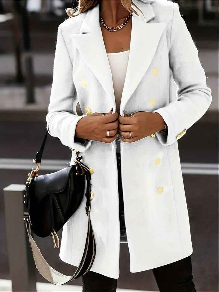 Women's Slim Fit Mid-Length Wool Coat – Double-Breasted with Tailored Lapels White
