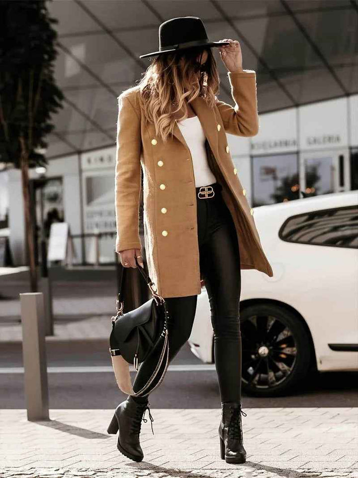 Women's Slim Fit Mid-Length Wool Coat – Double-Breasted with Tailored Lapels Khaki