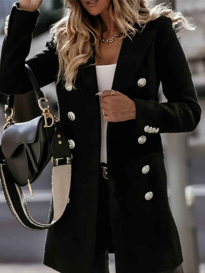 Women's Slim Fit Mid-Length Wool Coat – Double-Breasted with Tailored Lapels Black