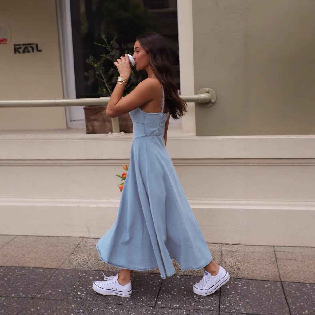 Women's Slim Fit Midi Dress - Denim Look with Spaghetti Straps & Sweetheart Neckline
