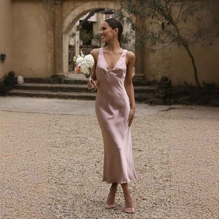 Women's Slim Fit Midi Dress – Silky Satin, Deep V-Neck, Open Back, Spaghetti Straps