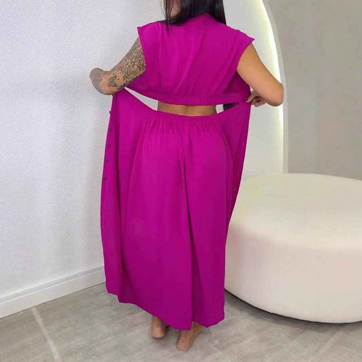 Women's Slim Fit Midi Dress – Sleeveless with Cut-Out Waist & Button Closure – Turtleneck Design