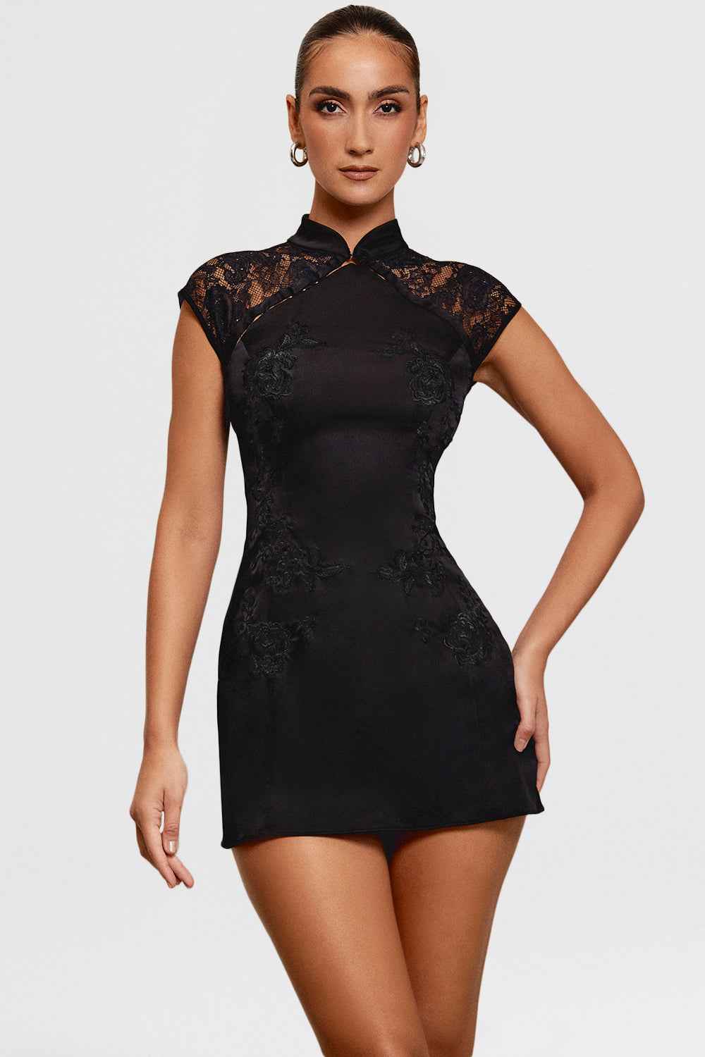 Women's Slim Fit Mini Dress – Shiny Luxury Fabric with Lace Details and Cap Sleeves Black