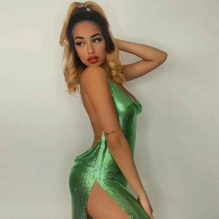 Women's Slim Fit Mini Dress - Sleeveless, Open Back, Shiny Fabric with Slit