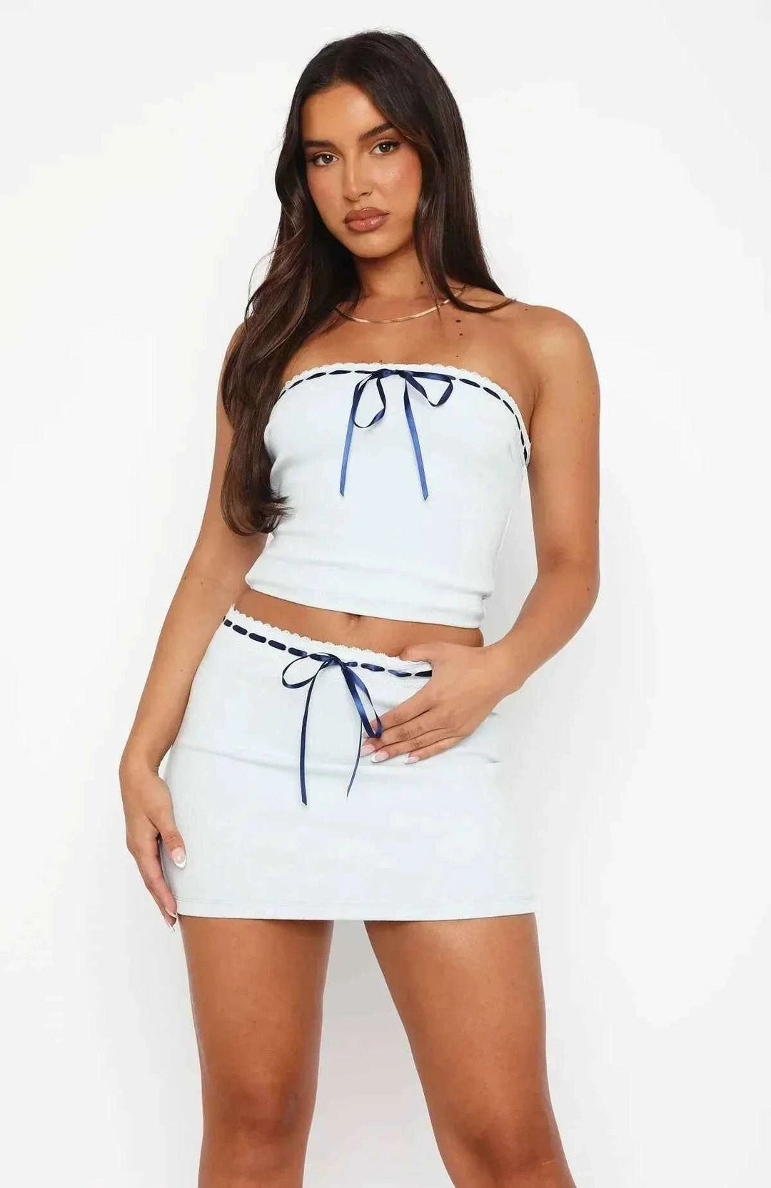 Women's Slim Fit Miniskirt – Soft Knit with Bow Detail Blue