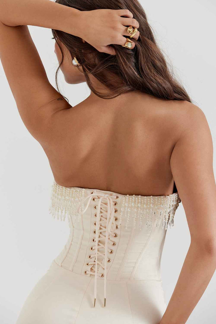 Women's Slim Fit Strapless Midi Dress – Luxury Satin Corset Style