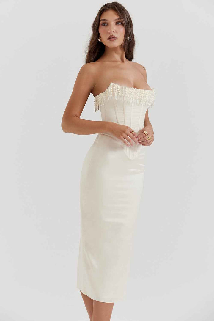 Women's Slim Fit Strapless Midi Dress – Luxury Satin Corset Style White