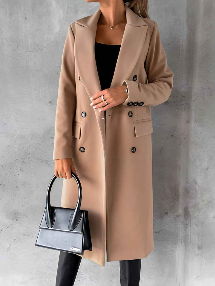 Women's Slim Fit Wool Blend Overcoat – Double-Breasted Long Length with Notched Collar Brown