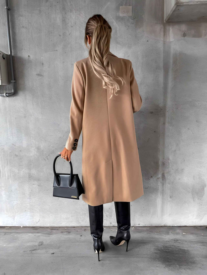Women's Slim Fit Wool Blend Overcoat – Double-Breasted Long Length with Notched Collar