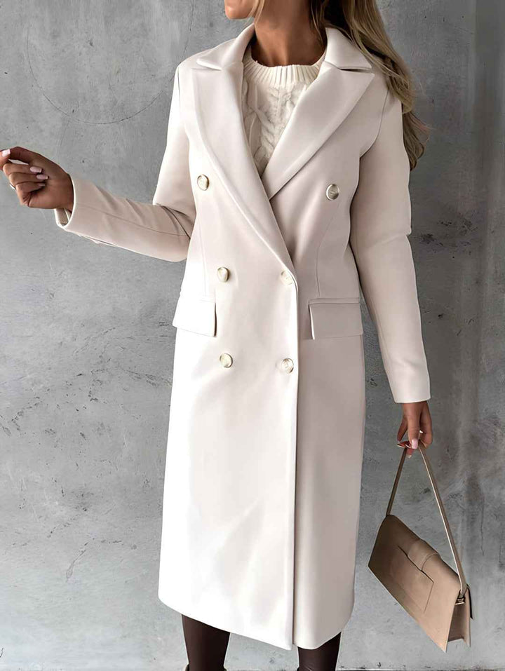Women's Slim Fit Wool Blend Overcoat – Double-Breasted Long Length with Notched Collar Beige