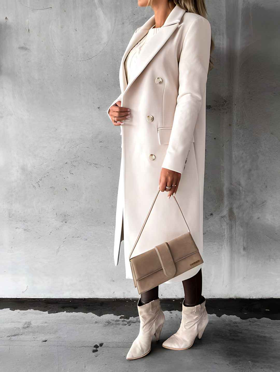 Women's Slim Fit Wool Blend Overcoat – Double-Breasted Long Length with Notched Collar
