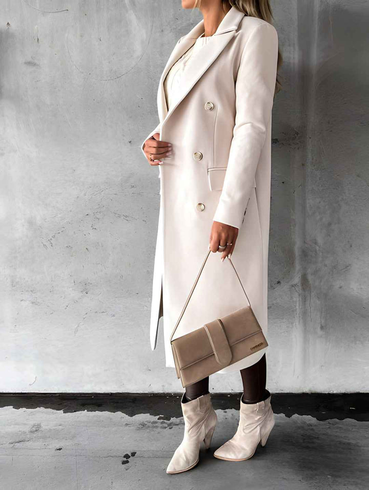 Women's Slim Fit Wool Blend Overcoat – Double-Breasted Long Length with Notched Collar
