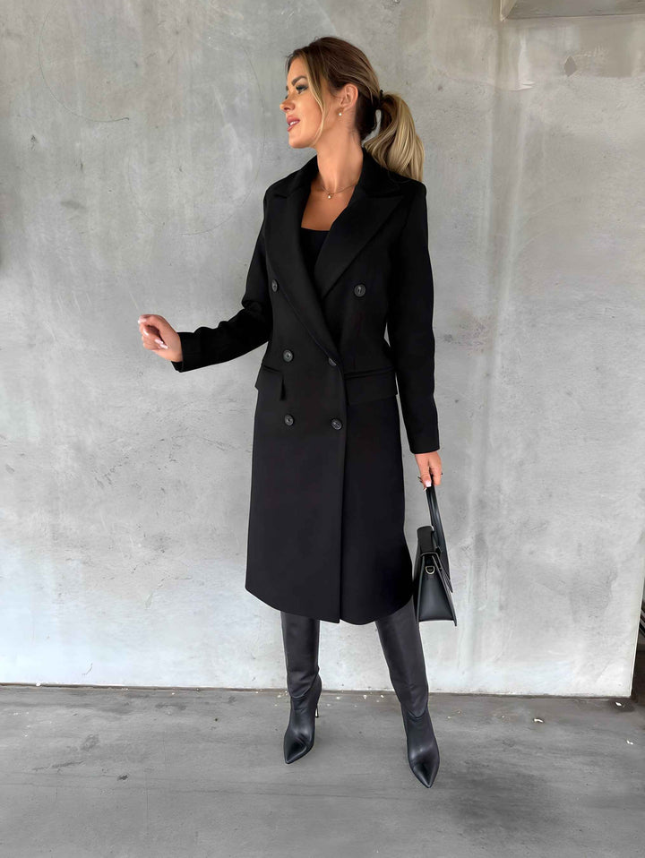 Women's Slim Fit Wool Blend Overcoat – Double-Breasted Long Length with Notched Collar