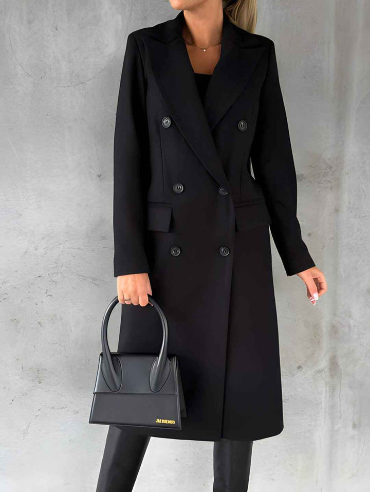Women's Slim Fit Wool Blend Overcoat – Double-Breasted Long Length with Notched Collar Black