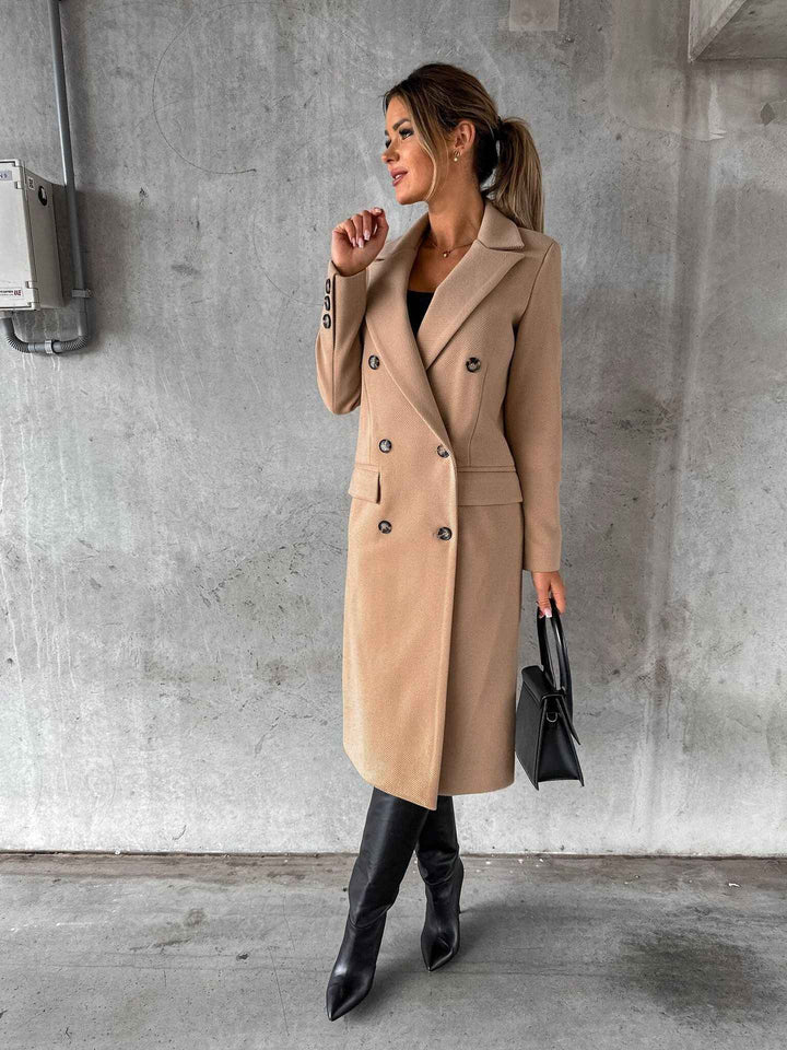 Women's Slim Fit Wool Blend Overcoat – Double-Breasted Long Length with Notched Collar