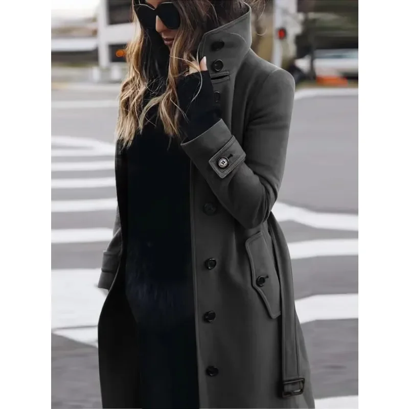 Women's Slim Fit Wool Coat - Long Sleeve, Single-Breasted, Stand-Up Collar with Belt Grey