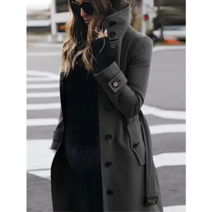 Women's Wool Coat Slim Fit Stand-Up Collar Black Winter Grey