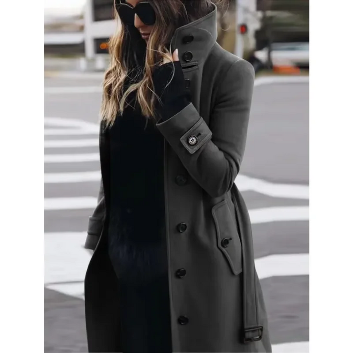 Women's Slim Fit Wool Coat - Long Sleeve, Single-Breasted, Stand-Up Collar with Belt Grey