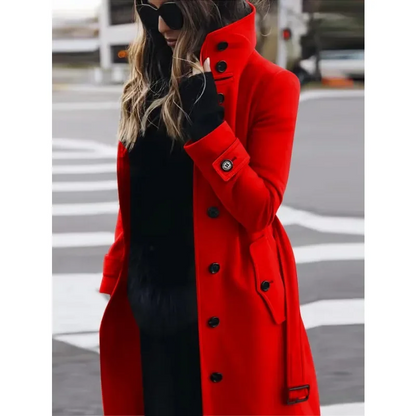 Women's Wool Coat Slim Fit Stand-Up Collar Black Winter Red