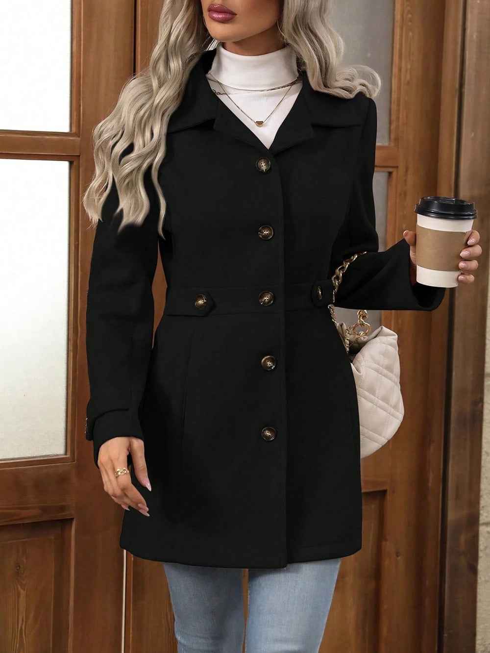 Women's Slim Fit Wool Coat with Front Buttons and Notched Lapel - Mid-Length Black